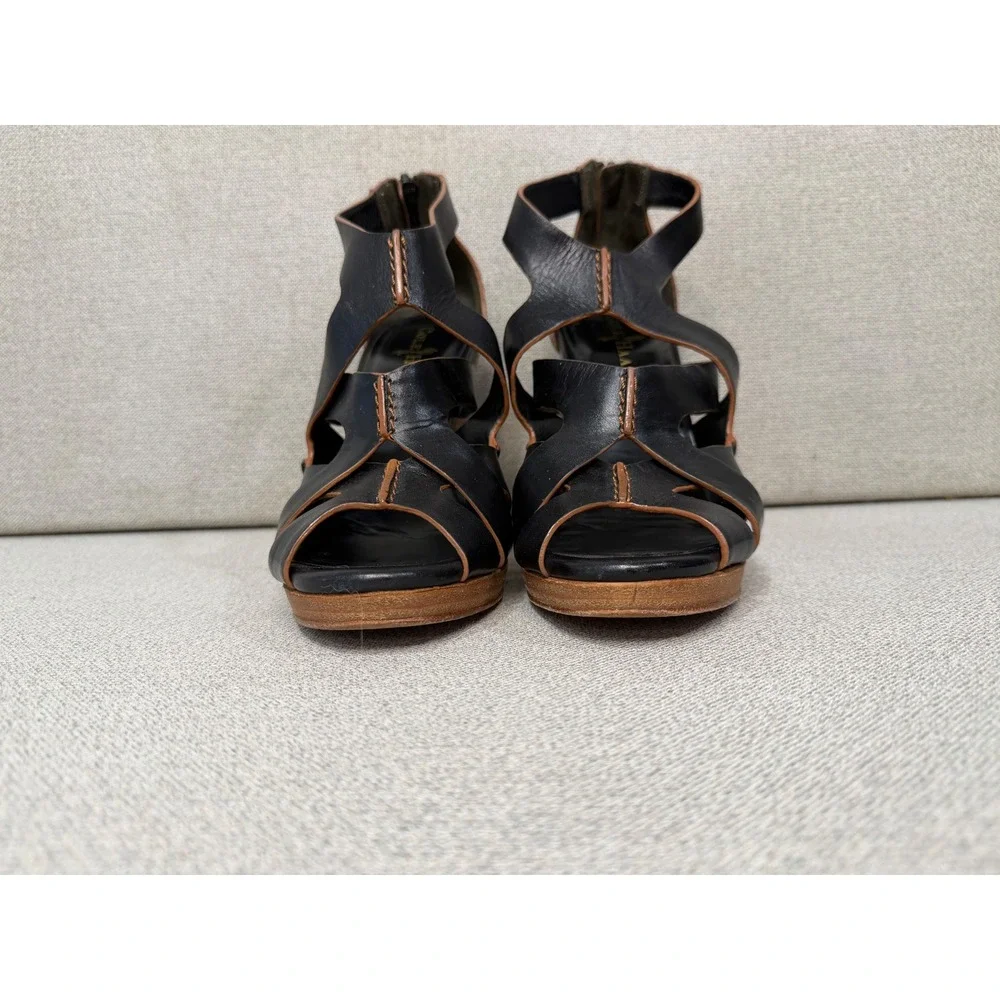 Cole Haan Black Leather‎ Caged Wedge Sandals Womens 7B Heel Zip D37884